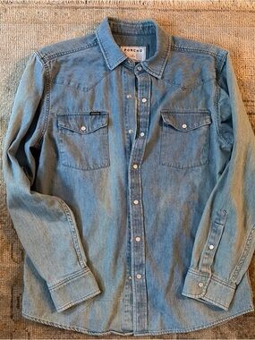 Poncho the Marfa Denim Faded Washed Light Blue Pearl Snap Button Down Shirt Slim